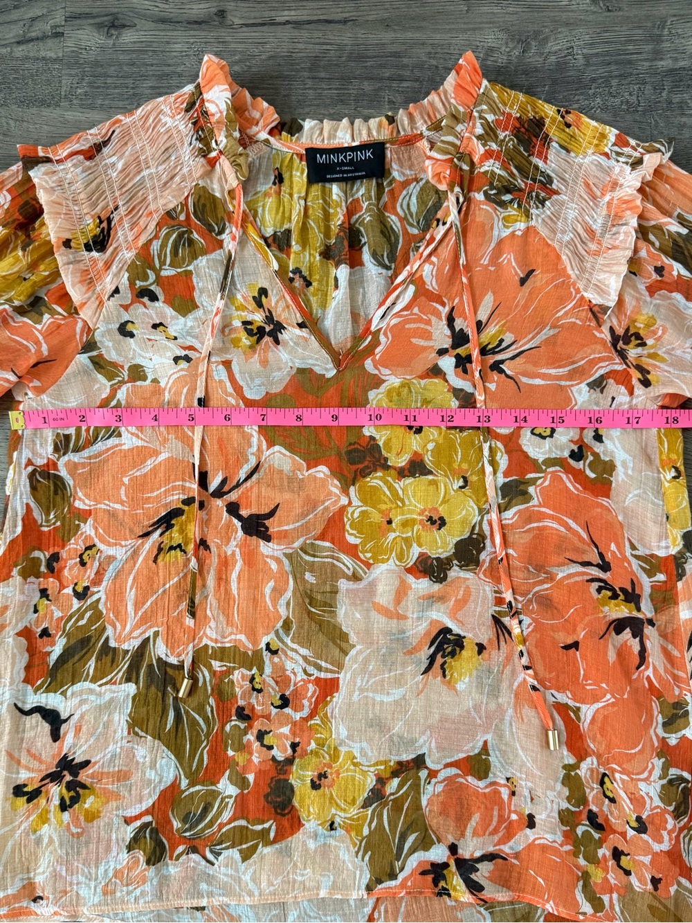 MINKPINK Dex Floral Blouse XS Coral Sheer Boho Long Sleeve Feminine - Picture 11 of 14